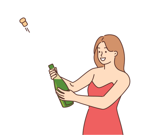 Mujer abriendo botella de champagne  Ilustración