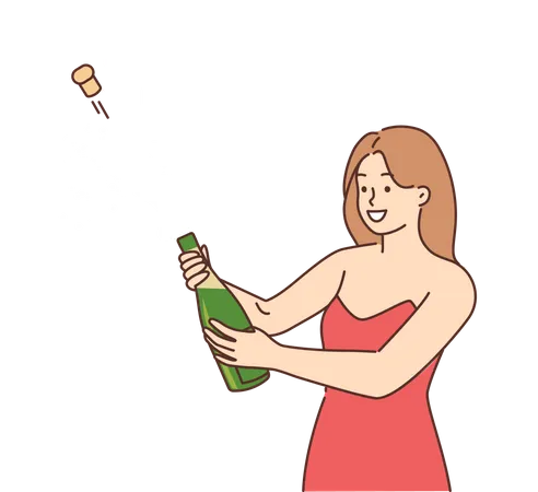 Mujer abriendo botella de champagne  Ilustración