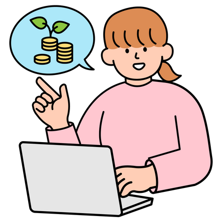 Mujer abriendo computadora para verificar ahorros  Ilustración