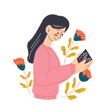 Mujer abriendo una tarjeta  Ilustración