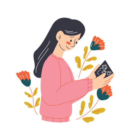 Mujer abriendo una tarjeta  Ilustración