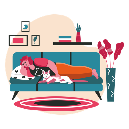 Mujer acariciando gato en el sofá  Ilustración
