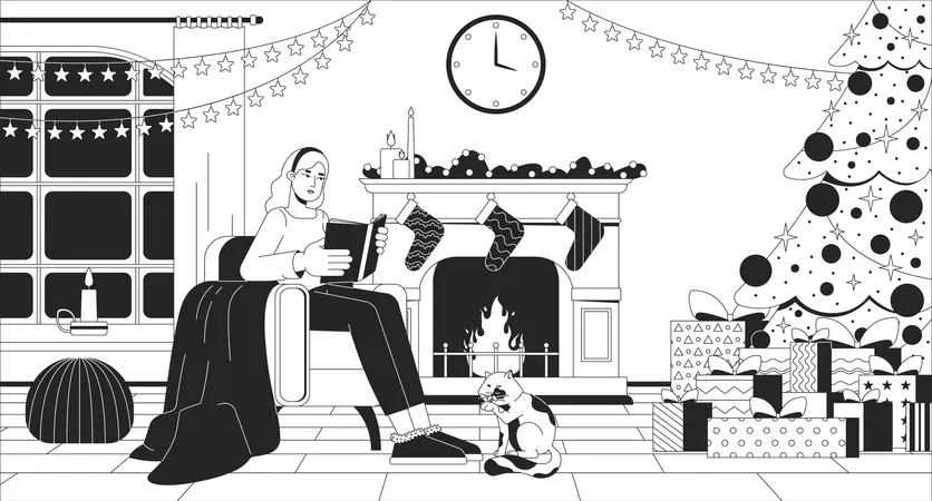 Mujer acogedora leyendo un libro en la chimenea de Navidad  Ilustración