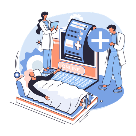 Mujer acostada en la cama de un hospital mediante consulta en línea  Ilustración