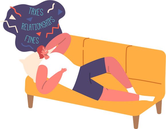 Mujer tumbada en el sofá reflexiona sobre sus problemas  Ilustración