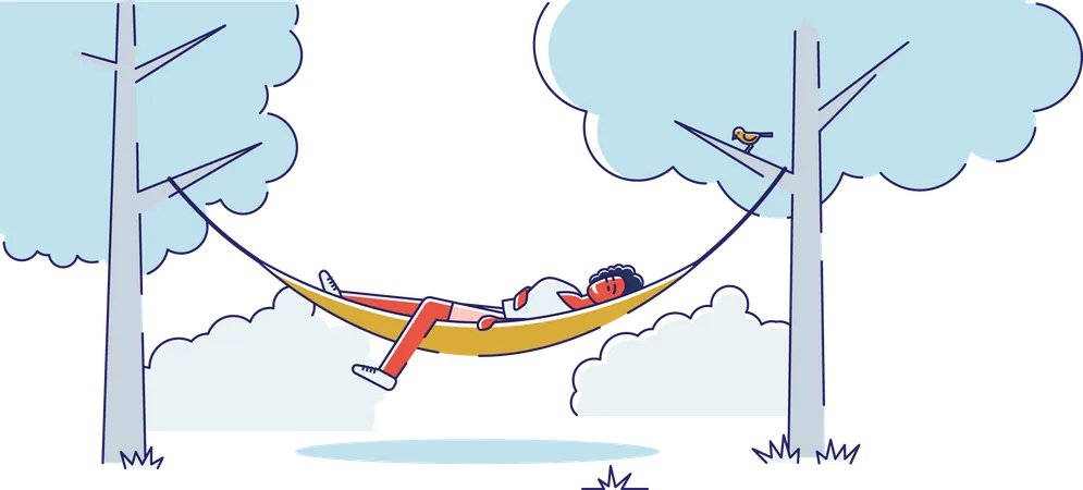 Mujer Tumbada En Una Hamaca Entre Arboles En El Parque O Jardin Caricatura Femenina Relajante Dormir Al Aire Libre Al Aire Libre Concepto De Recreacion Y Confort Estacional Ilustracion Vectorial Lineal Ilustración