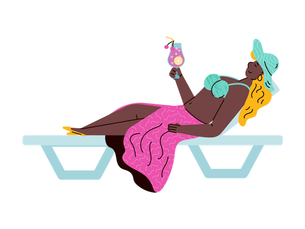 Mujer tumbada en una tumbona de playa y bebiendo un cóctel  Ilustración