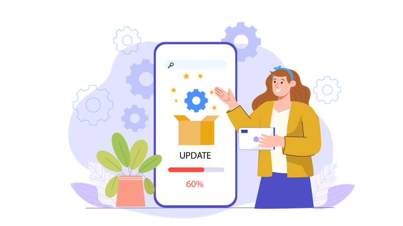 Mujer actualizando aplicación  Ilustración