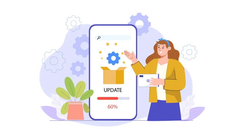 Mujer actualizando aplicación  Ilustración
