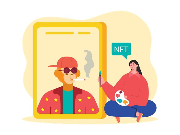 Mujer acuñando NFT en el mercado NFT móvil  Ilustración