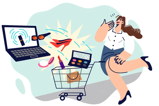 Mujer adicta a las compras está haciendo compras en línea en una computadora portátil  Ilustración