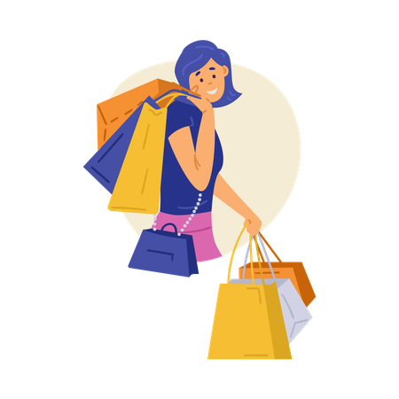 Mujer adicta a las compras feliz sosteniendo bolsas con compras  Ilustración