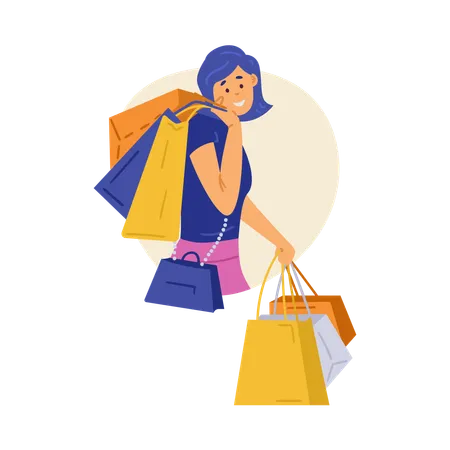 Mujer adicta a las compras feliz sosteniendo bolsas con compras  Ilustración