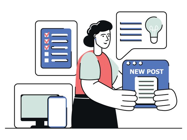 Mujer administradora de contenido publicando una nueva publicación  Ilustración