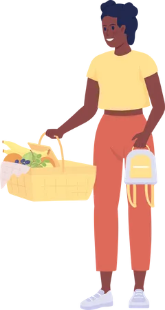 Adolescente femenina sosteniendo una cesta de picnic  Ilustración