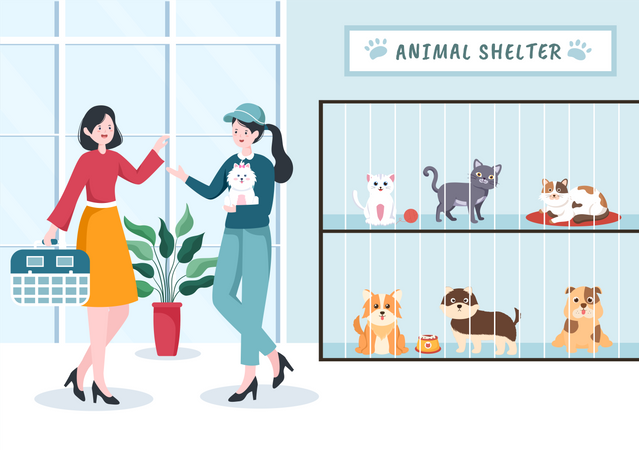Mujer adoptando animal  Ilustración