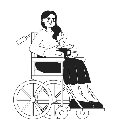Mujer adulta joven en silla de ruedas sosteniendo una taza de café  Ilustración