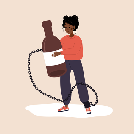 Mujer africana borracha encadenada a una botella de alcohol  Ilustración