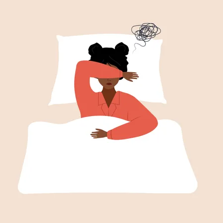 Mujer africana cansada acostada en la cama y sufriendo de dolor de cabeza  Ilustración