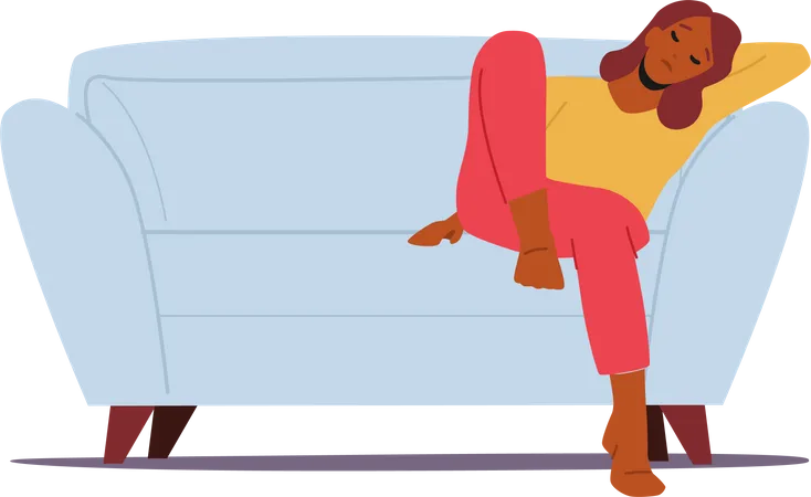 Mujer Africana Cansada Sentada En Un Sofa Con Los Ojos Cerrados Durmiendo O Siesta Personaje Femenino Durmiente Cansancio Estres Agotamiento O Depresion Aislado Sobre Fondo Blanco Ilustracion De Vector De Personas De Dibujos Animados Ilustración