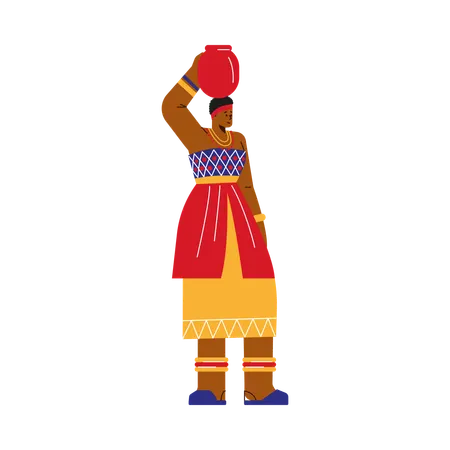 Mujer africana que lleva una jarra de agua en la cabeza  Ilustración