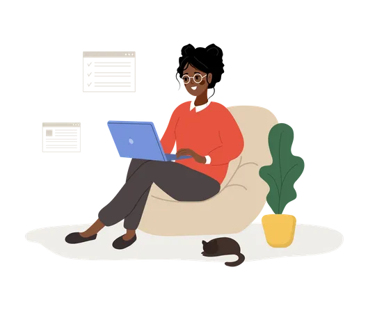 Una mujer africana exitosa se sienta con una computadora portátil y resuelve problemas laborales  Ilustración