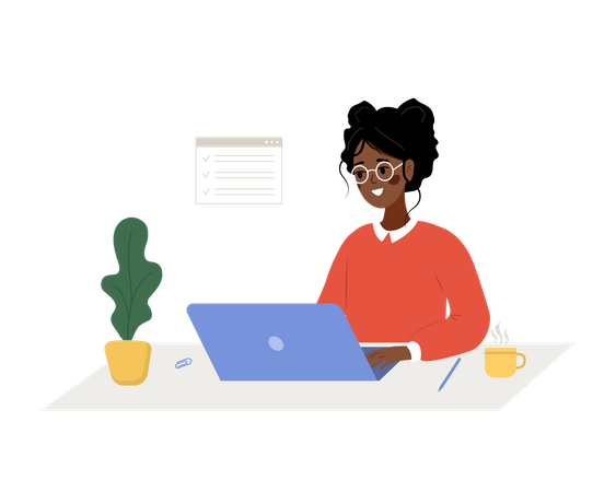 Mujer africana exitosa sentada a la mesa con una computadora portátil y resuelve problemas de trabajo  Ilustración