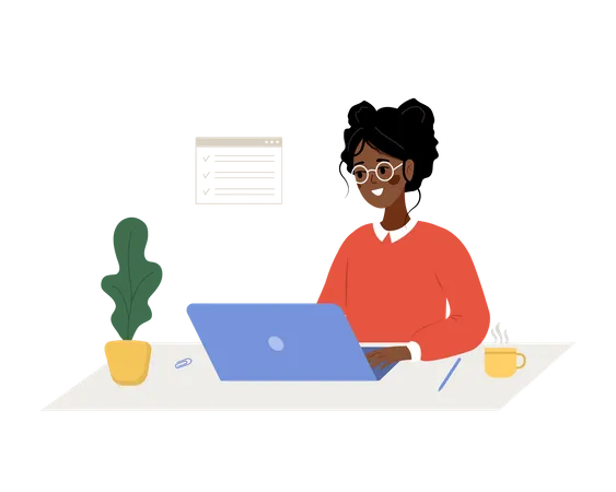 Mujer africana exitosa sentada a la mesa con una computadora portátil y resuelve problemas de trabajo  Ilustración