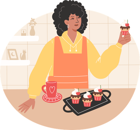 Una mujer africana ha horneado pastelitos y los disfruta con una bebida caliente  Ilustración