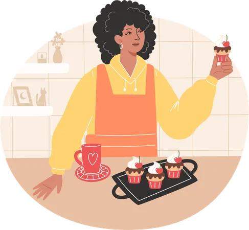 Una mujer africana ha horneado pastelitos y los disfruta con una bebida caliente  Ilustración