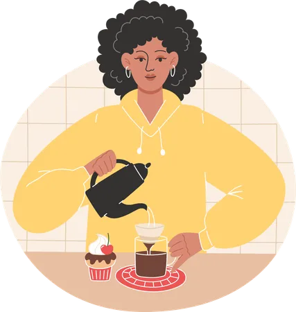 La mujer africana hace café en casa  Ilustración