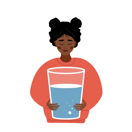 Mujer africana sedienta sostiene un vaso grande de agua limpia  Ilustración