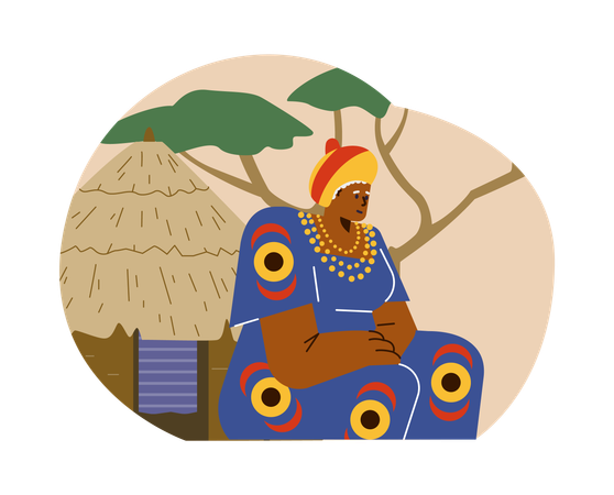 Mujer africana sentada frente a una choza  Ilustración