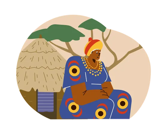 Mujer africana sentada frente a una choza  Ilustración