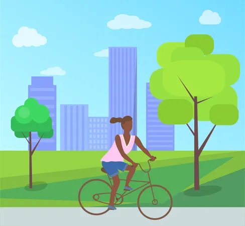 Mujer afroamericana andando en bicicleta en el parque  Ilustración