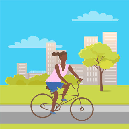 Mujer afroamericana andando en bicicleta en el parque  Ilustración