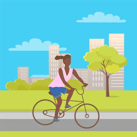 Mujer afroamericana andando en bicicleta en el parque  Ilustración