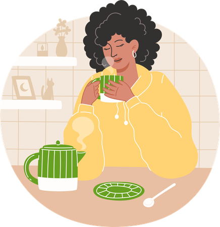 Mujer afroamericana bebiendo té en una acogedora cocina  Ilustración