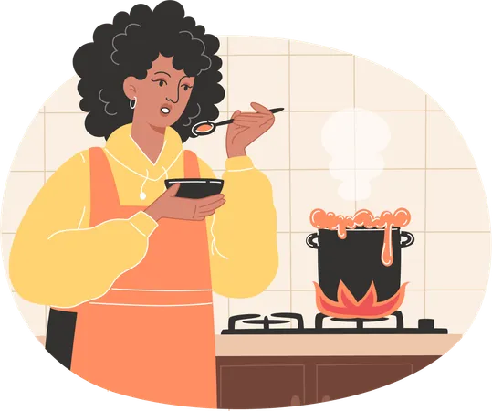 Mujer afroamericana cocinando sopa en una cocina acogedora  Ilustración
