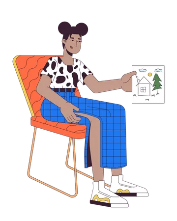 Mujer afroamericana con dibujo infantil  Ilustración