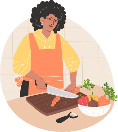 Mujer afroamericana cortando verduras y preparando comida  Ilustración