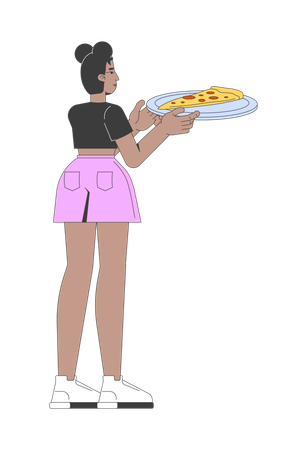 Mujer afroamericana de la Generación Z sosteniendo una porción de pizza en un plato  Ilustración