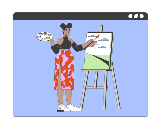 Mujer afroamericana realizando lecciones de arte en línea  Ilustración