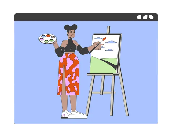 Mujer Afroamericana Impartiendo Clases De Arte En Linea Personaje De Dibujos Animados Lineales 2 D Profesora De Dibujo Negra Aislada Linea Vector Persona Fondo Blanco Ilustracion De Punto Plano De Color De Aprendizaje Electronico Ilustración