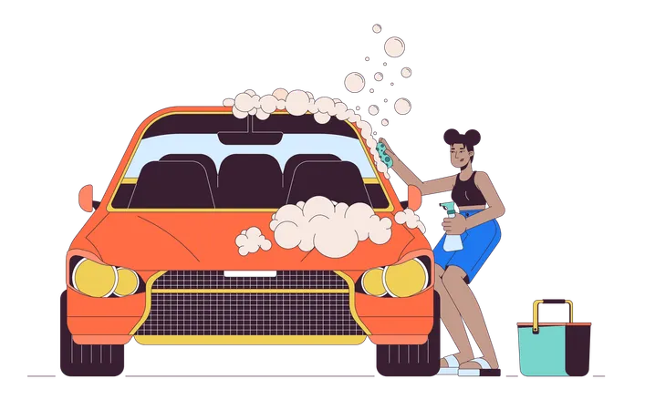 Mujer afroamericana lavando coche  Ilustración