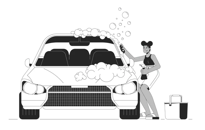 Mujer afroamericana lavando coche  Ilustración