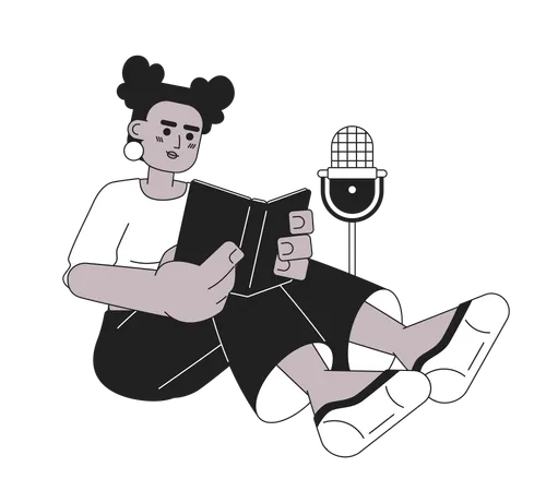 Mujer afroamericana leyendo un libro sobre el micrófono  Ilustración