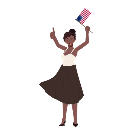 Mujer afroamericana sosteniendo la bandera americana  Ilustración