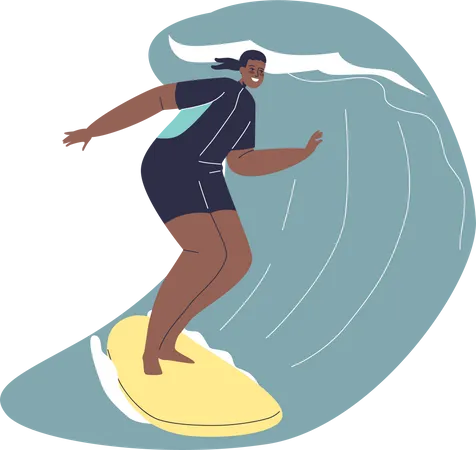 Mujer afroamericana surfeando  Ilustración