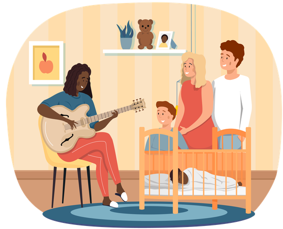 Mujer afroamericana tocando la guitarra y cantando para un niño pequeño y otros familiares en casa  Ilustración